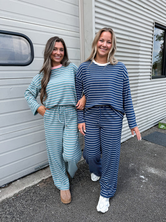 The Lydia Striped Lounge Set - denim blue/ brown