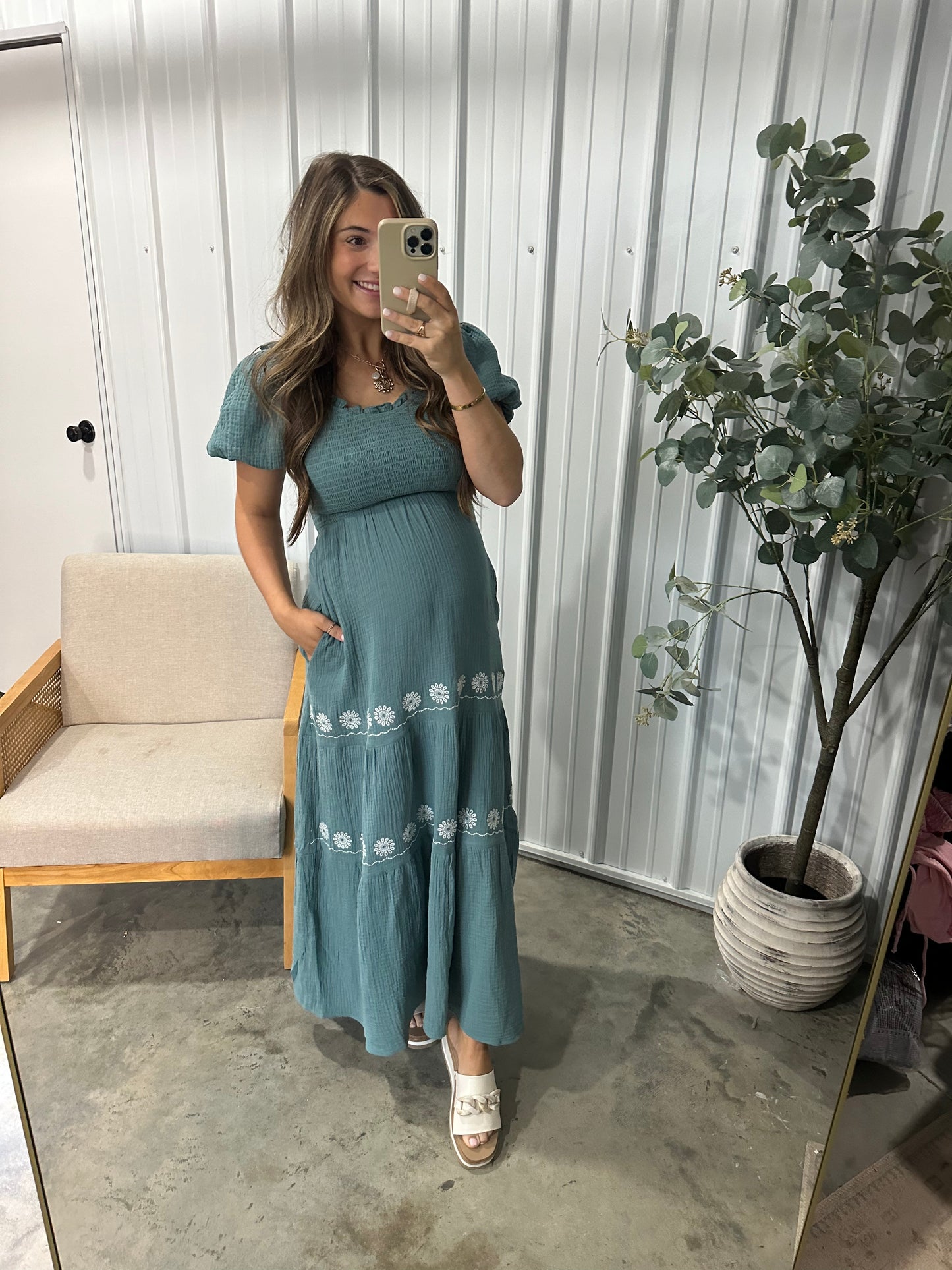 Aspyn Teal Embroidered Maxi Dress
