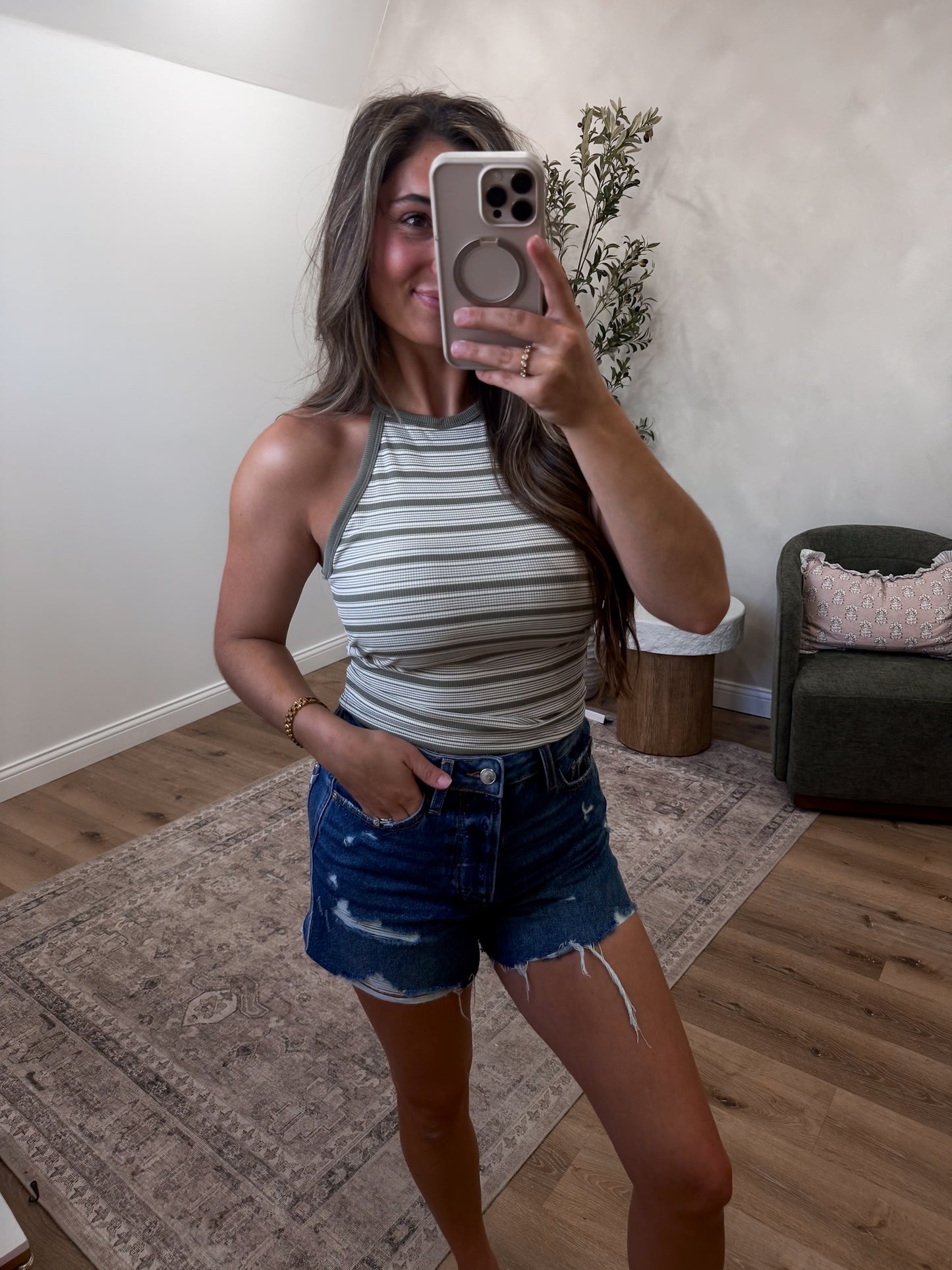 Addison Striped Padded Halter Tank - olive/cream