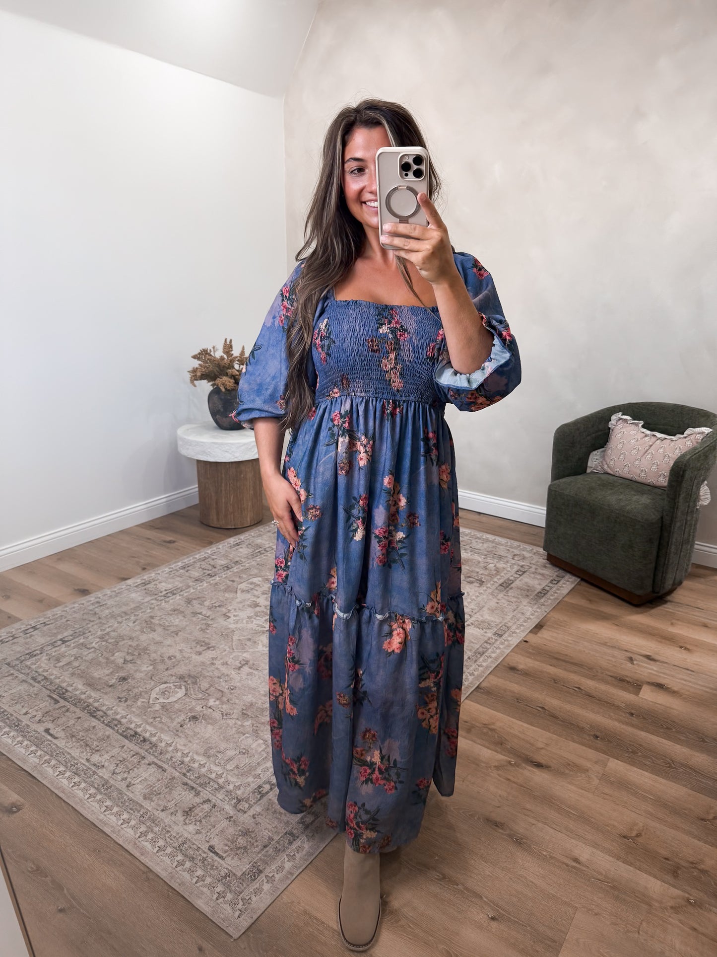Audrey Floral Midi Dress - denim blue