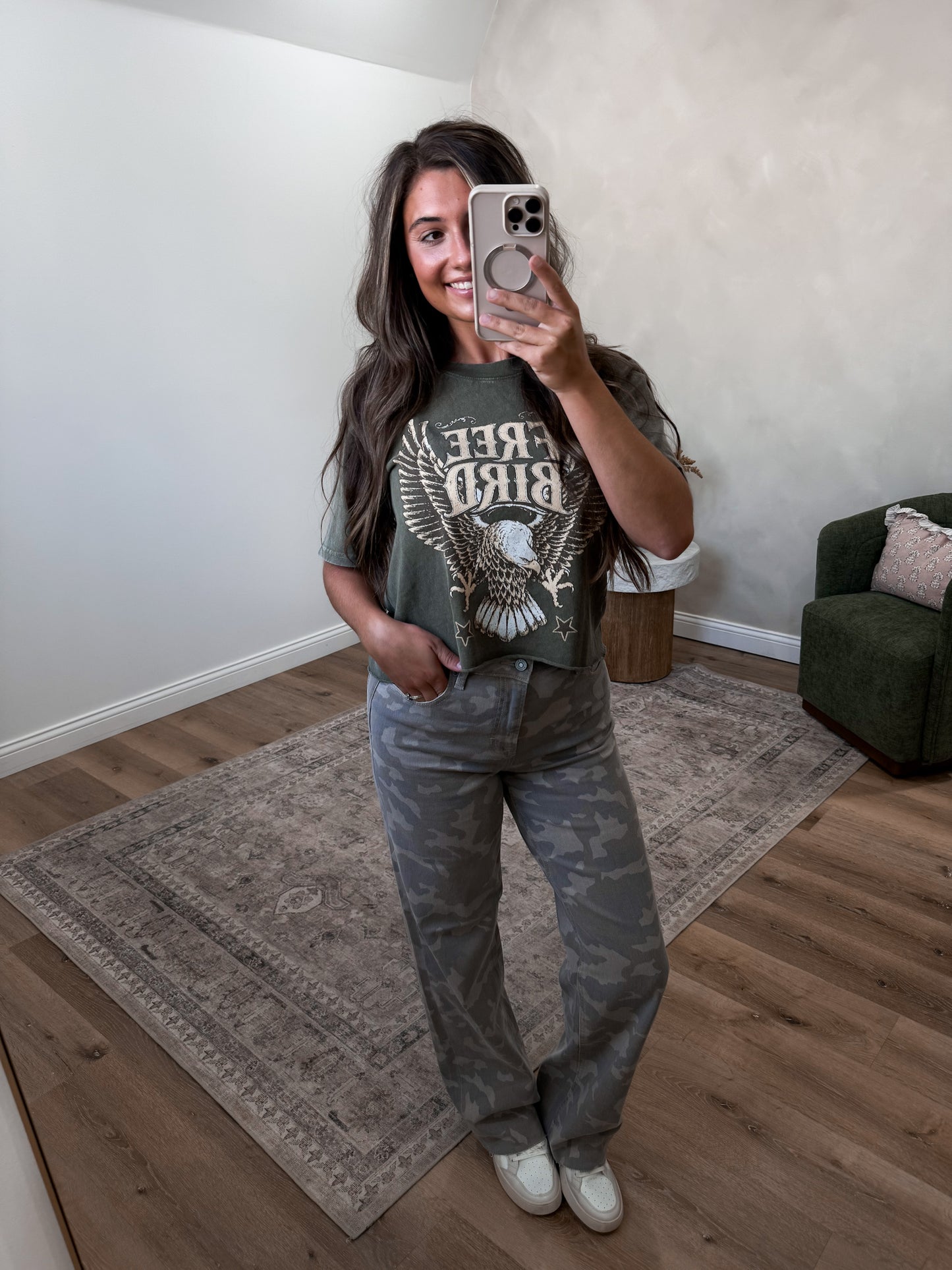 Vintage Free Bird Cropped Graphic - olive