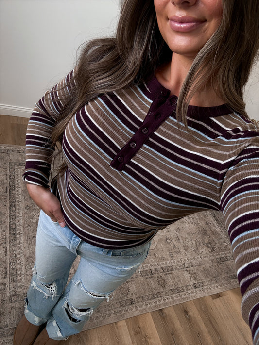 Phoenix Striped Henley Top - burgundy