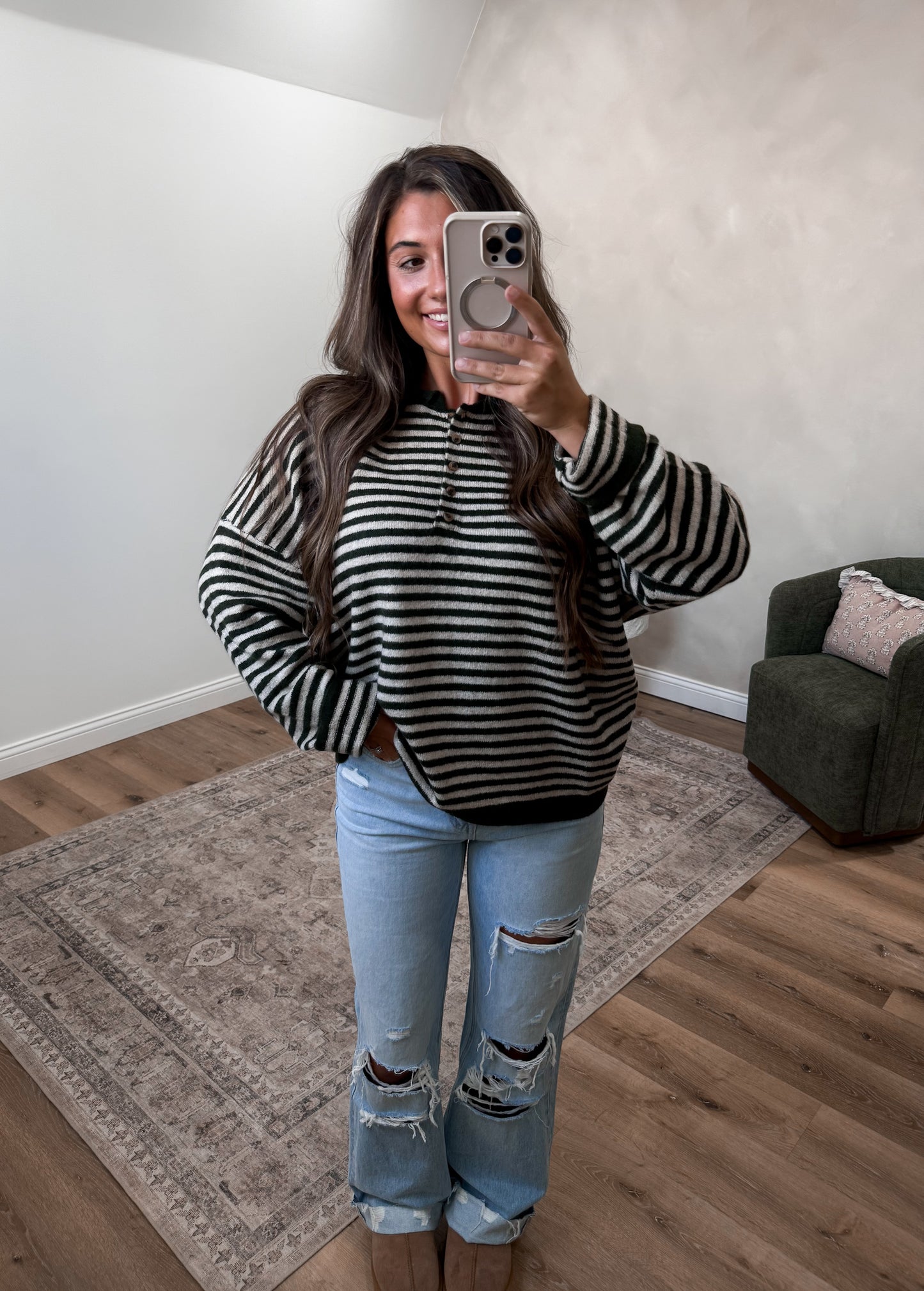 Morning Latte Striped Henley Sweater - olive