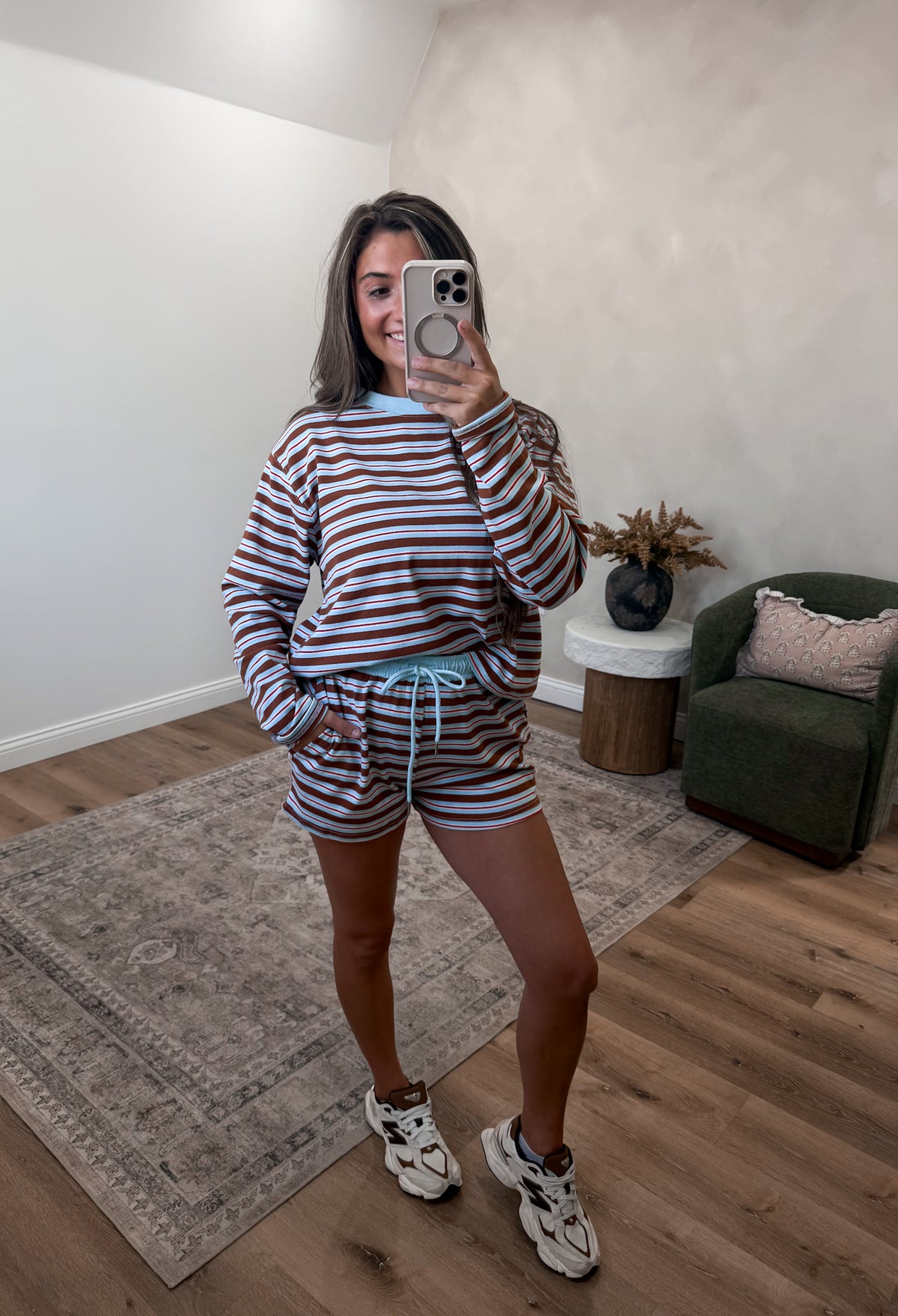 My Time Striped Shorts Set - camel/light blue