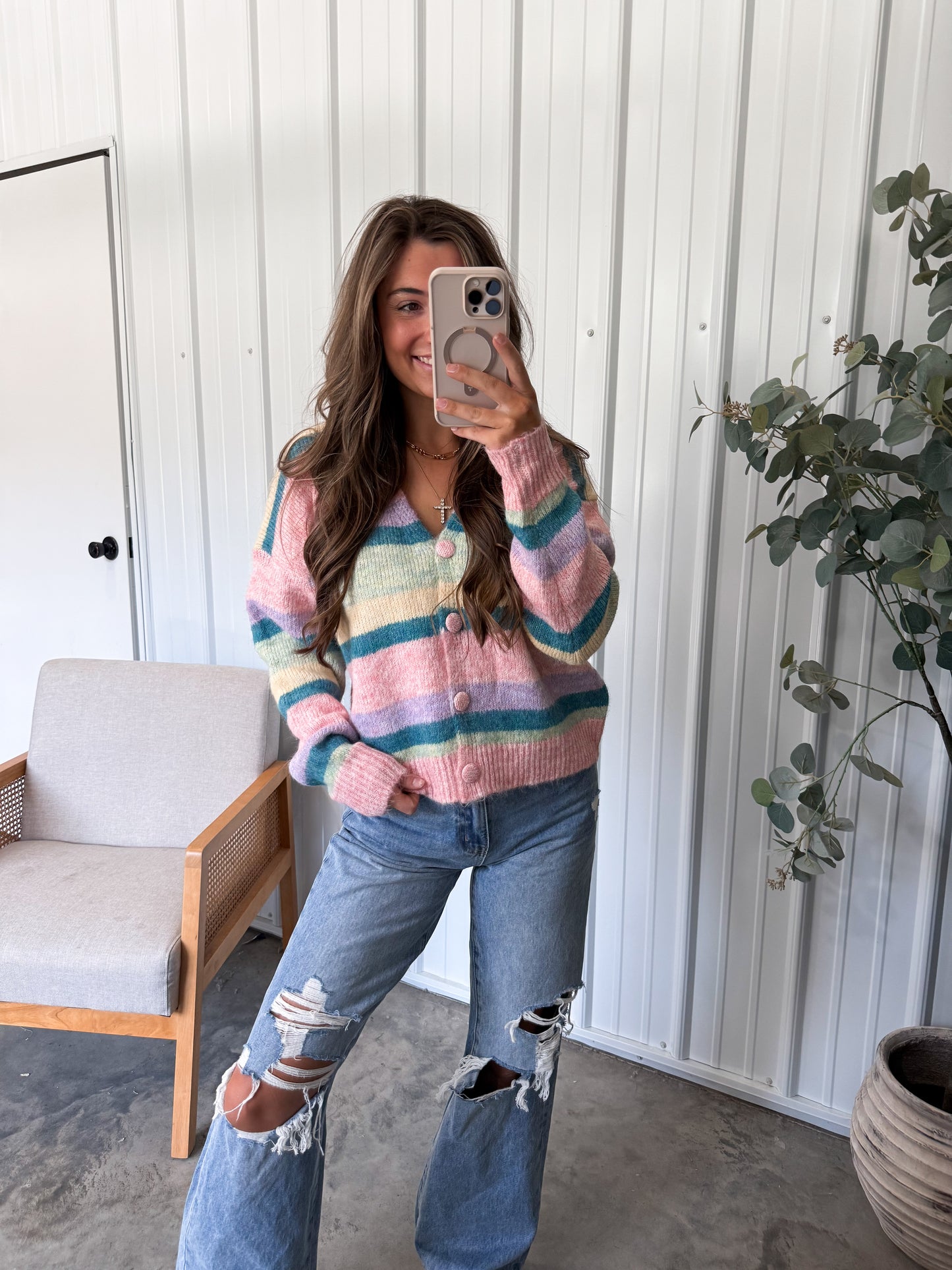 Stacie Striped Cardigan- pink/green