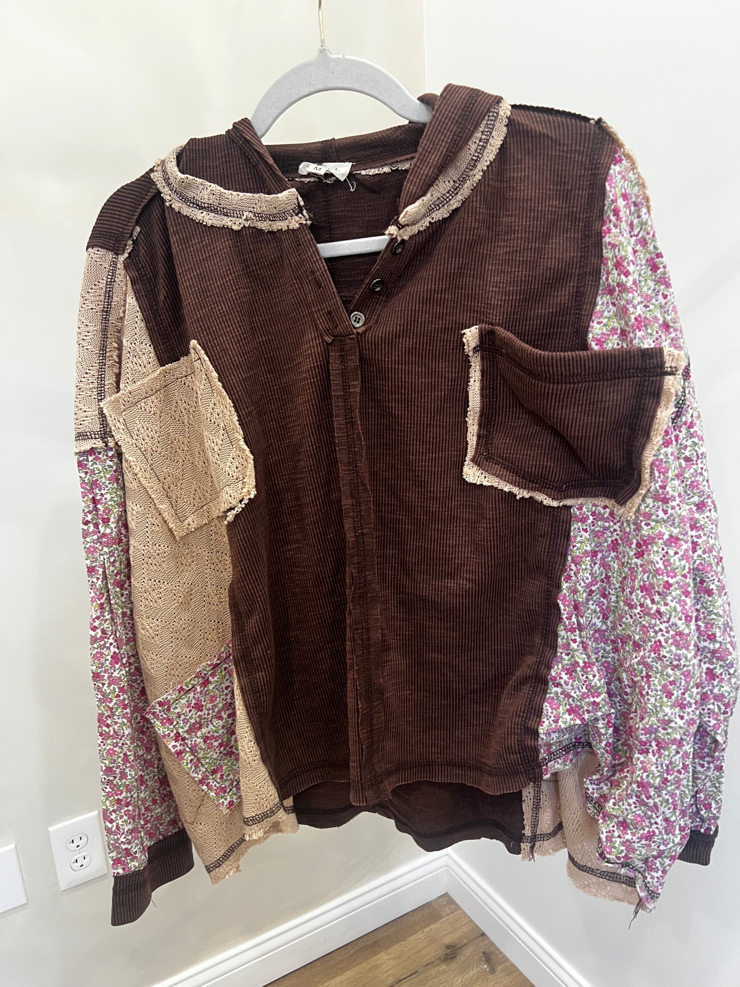 Color Block Hooded pullover - brown/tan/floral