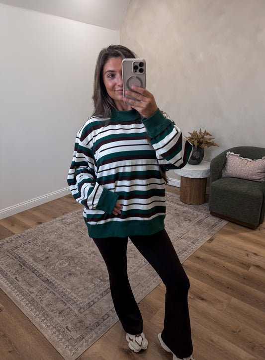 On Repeat Oversized Striped Pullover - teal/brown