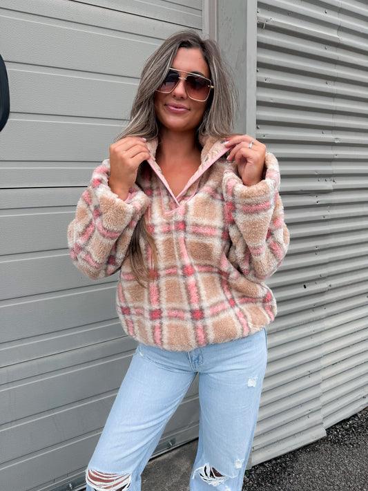 DayTrip Plaid Sherpa Pullover - blush multi