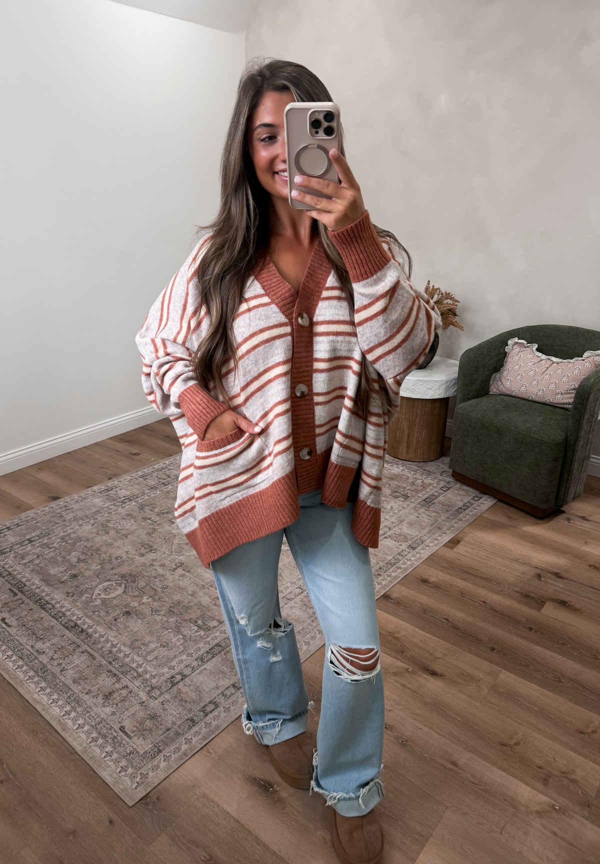 Wrapped In Love Striped Striped Cardigan - terracotta