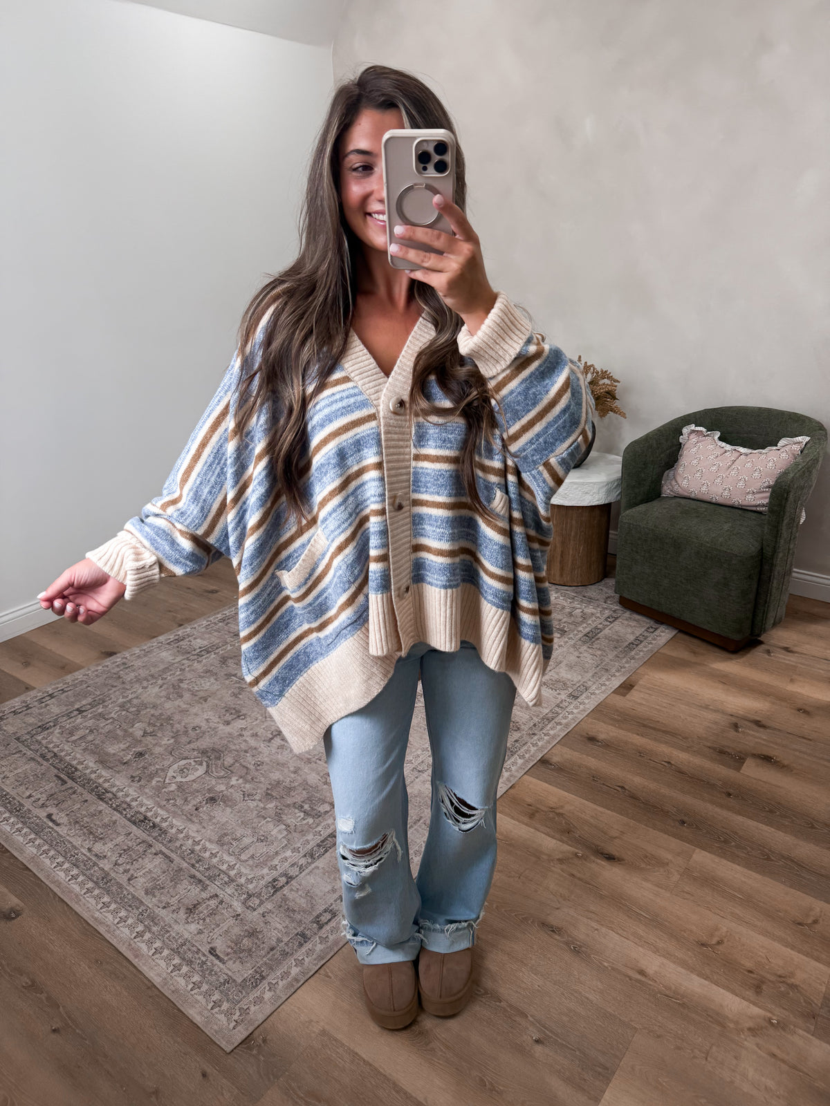 Wrapped In Love Striped Striped Cardigan - taupe/denim