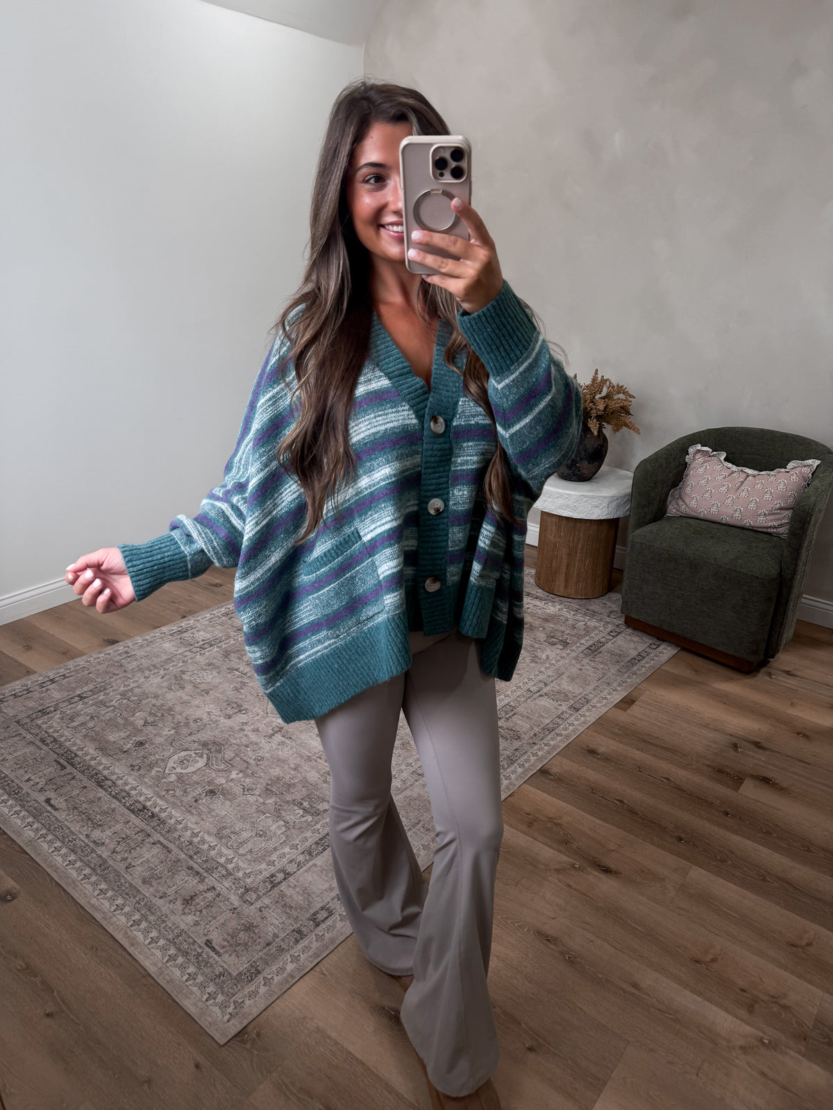 Wrapped In Love Striped Striped Cardigan - teal