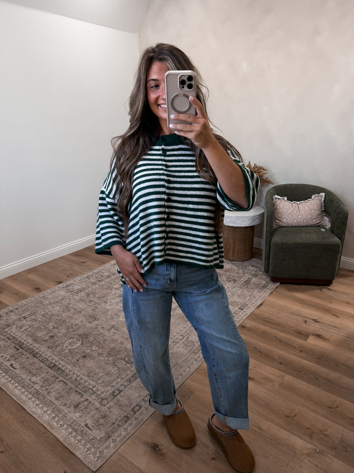 Shayla Striped short sleeve Cardigan - hunter green