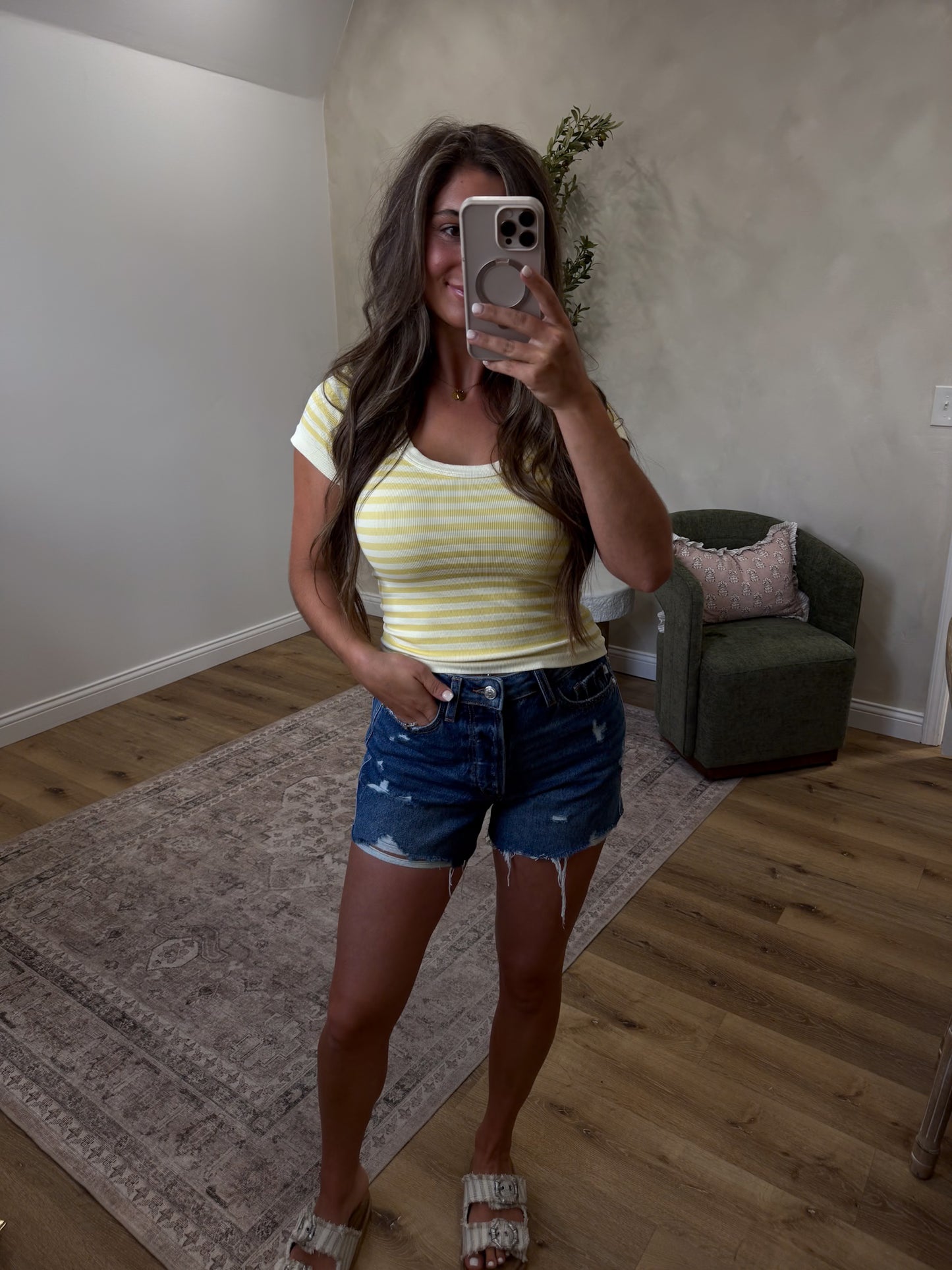Retro Striped Scoop Neck Top - pale banana