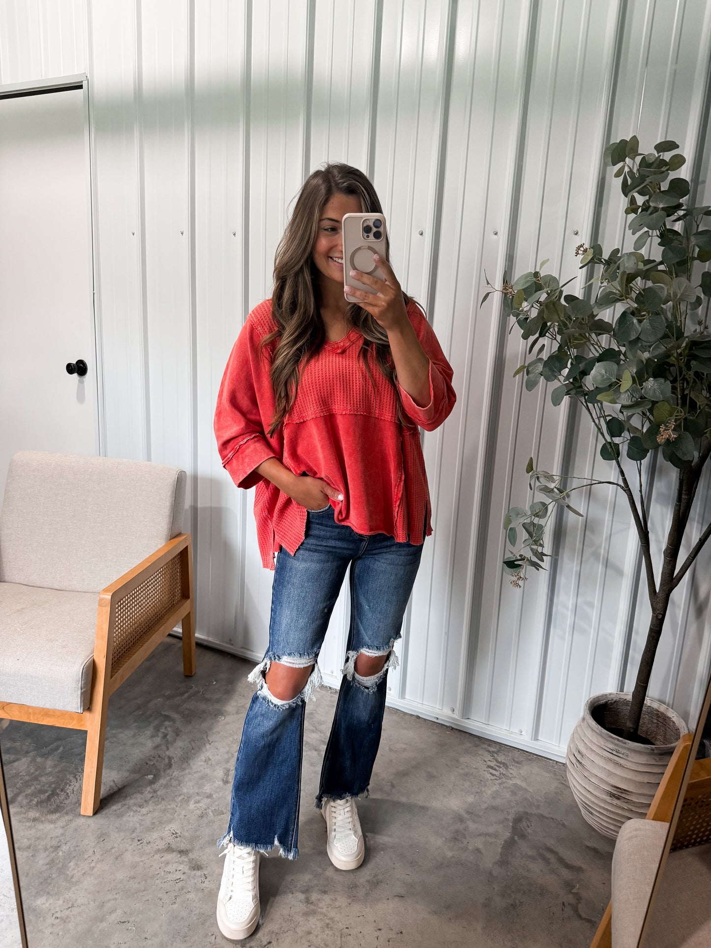 Amilia Mineral Wash Distressed Tee- red