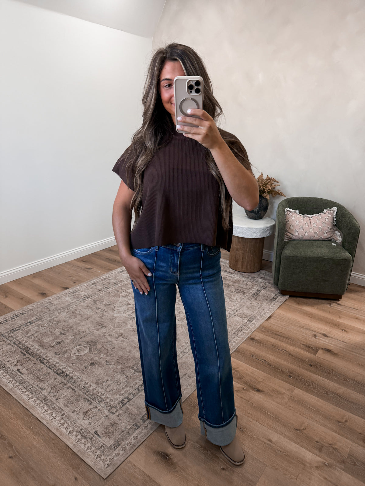 Cool Intentions Mock Neck Boxy Sweater Top - chocolate