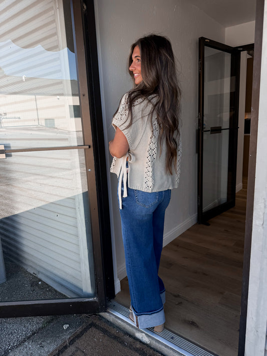 Drew Cuffed Wide Leg Pintuck Jeans - dark