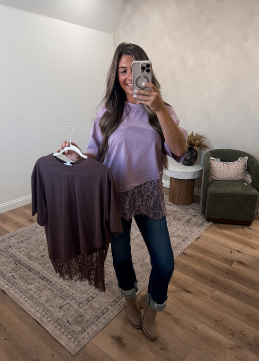 Same Wavelength Lace Asymmetrical Top - mauve