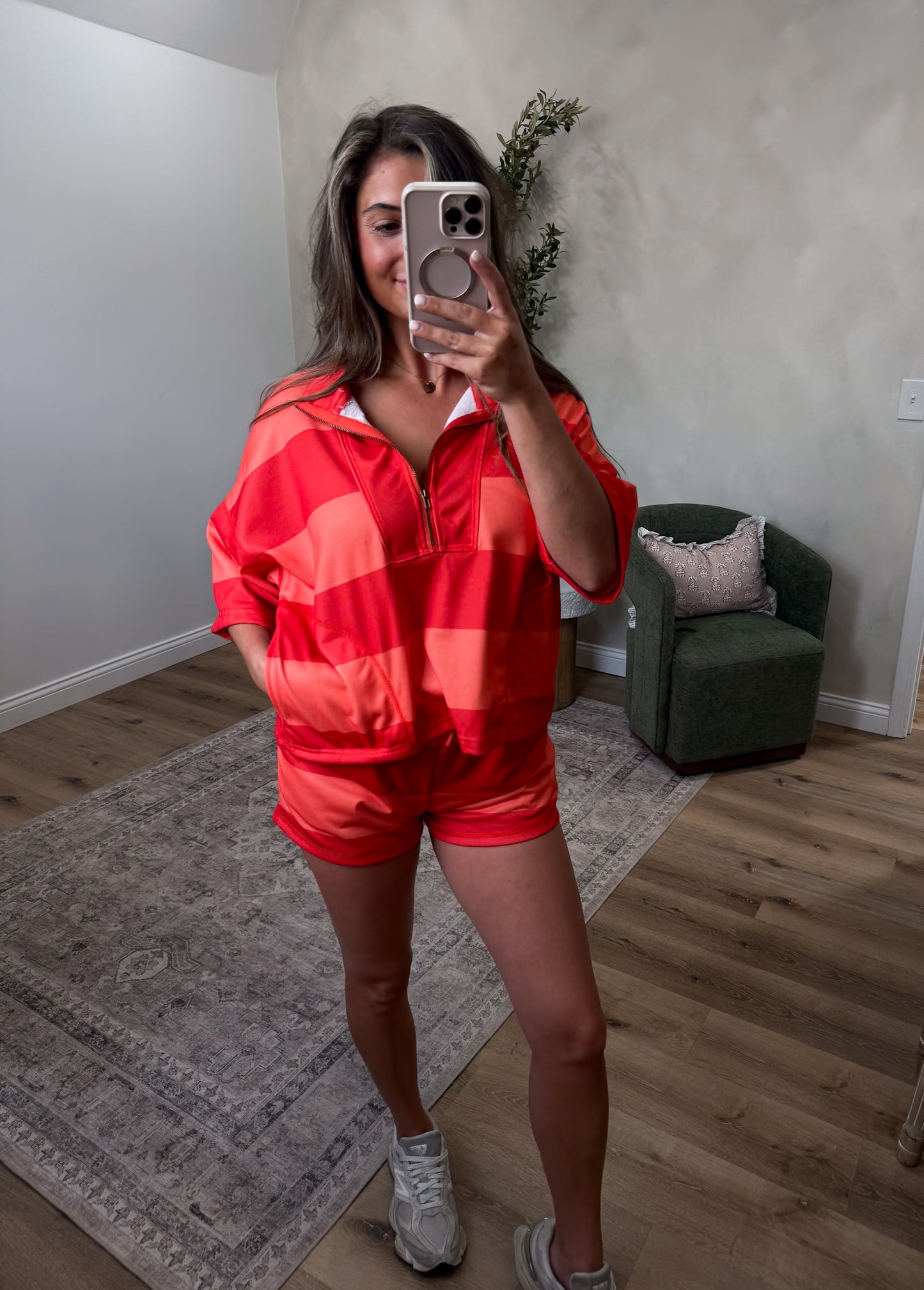Vintage Striped Half Zip Shorts Set - red/coral