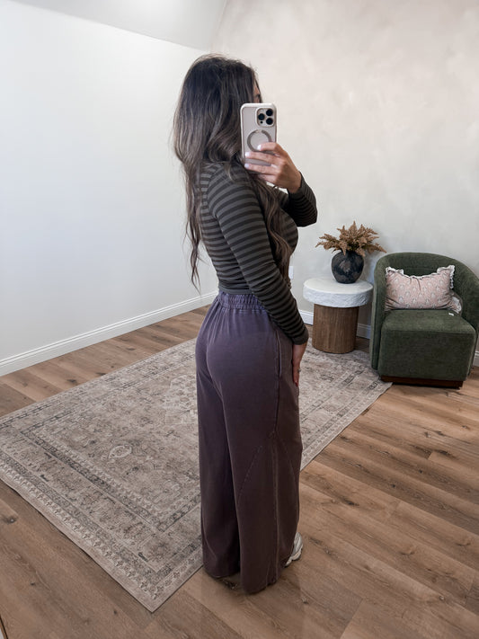 Retro Striped Long Sleeve Scoop Neck Top - earth olive