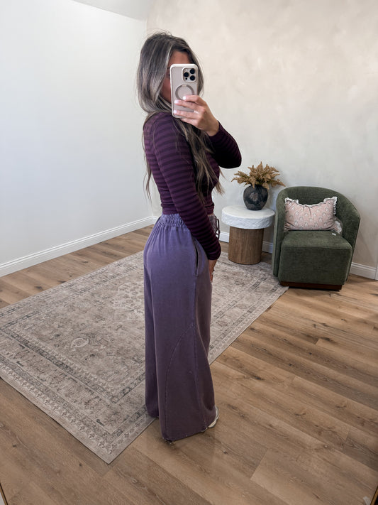 No Rush wide leg Mineral Washed Lounge Pants - dark cherry