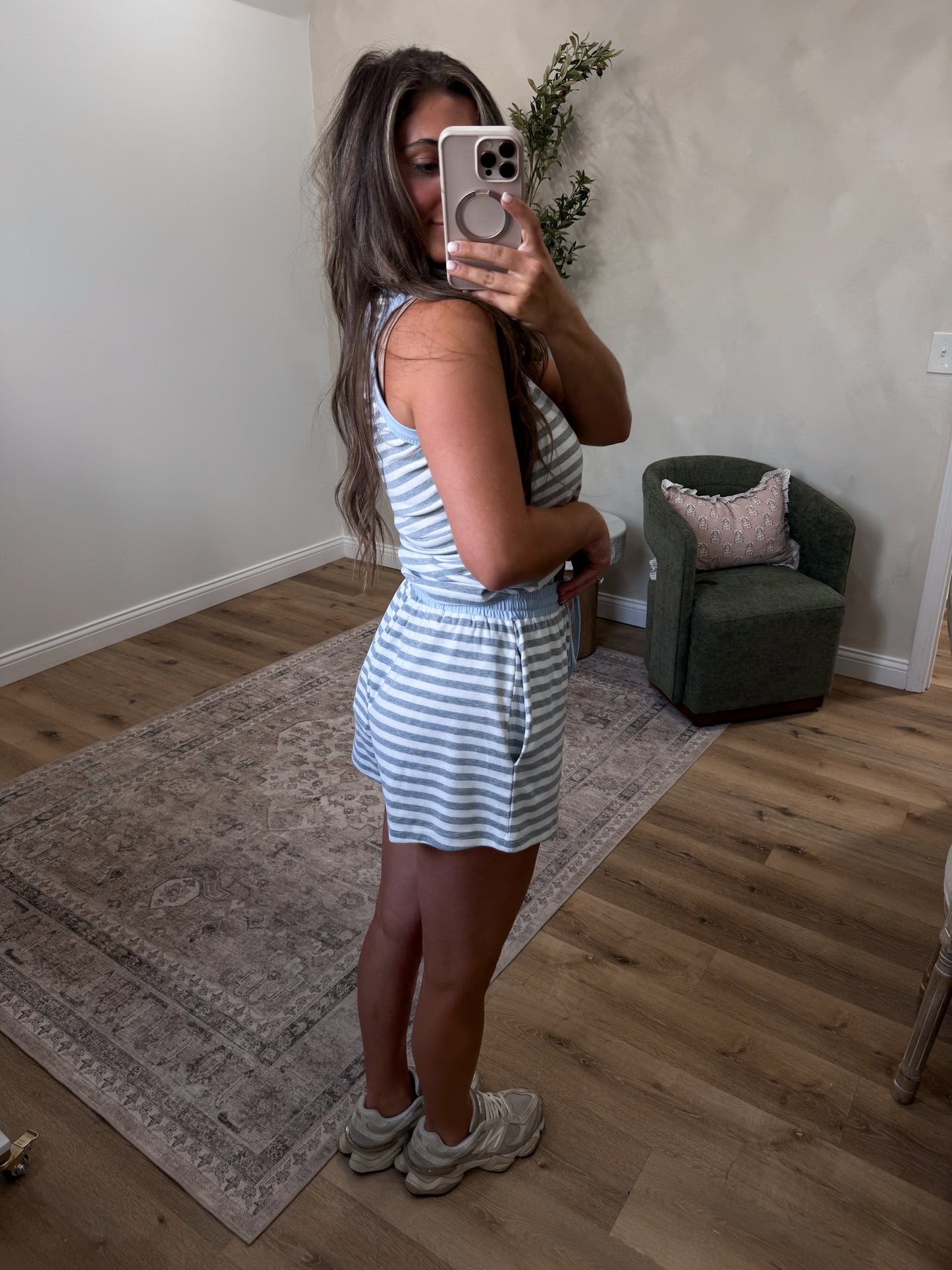 The Lydia Striped Casual Tank Set - grey/blue