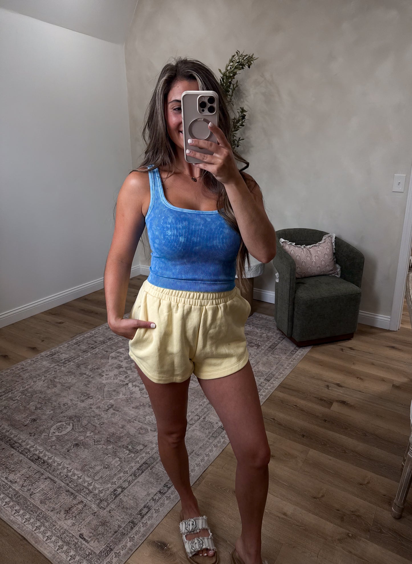 2 Way Neckline Washed Ribbed Tank - ocean blue