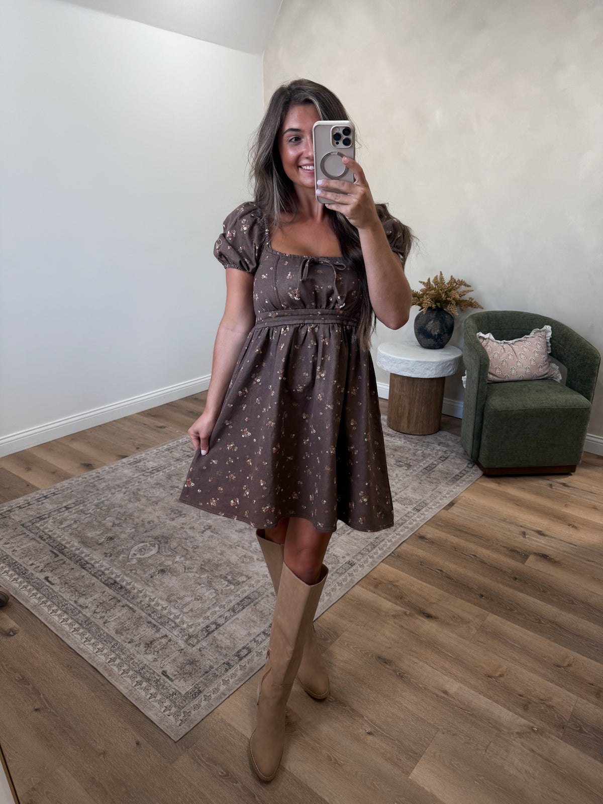 Mabel Ditsy Floral Mini Dress - dark brown