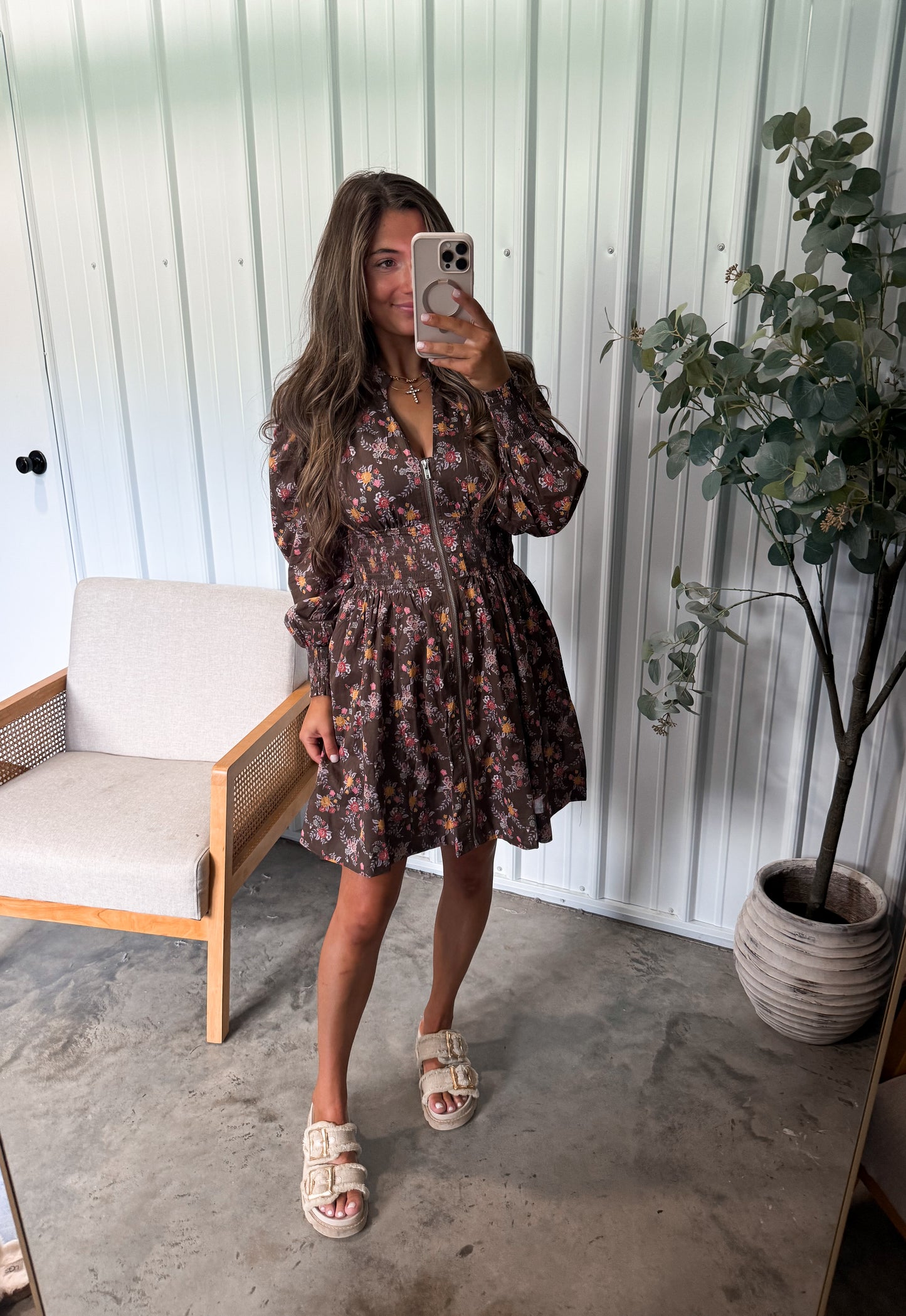 Trina Zippered Mini Dress- Mocha Floral