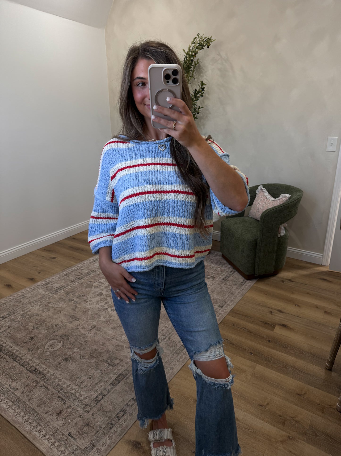 Aubrey Striped knit Tee - dusty blue/cream