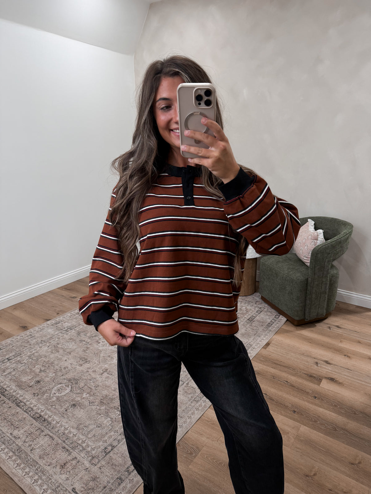 Campfire Striped Henley Top - brown