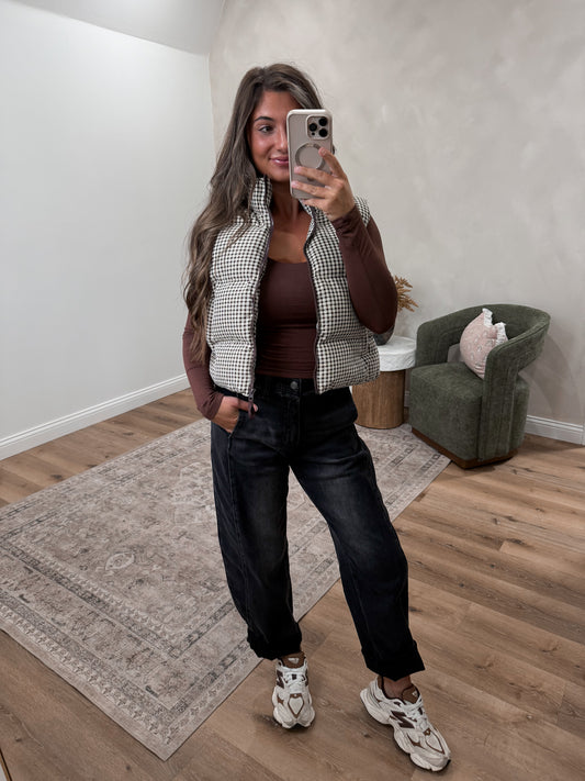 The Upgrade Gingham Puffer Vest - brown