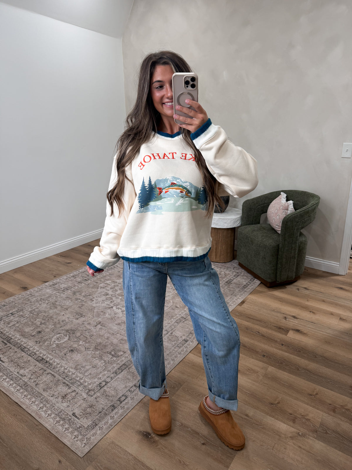 Lake Tahoe Graphic Knit Crewneck - cream/teal