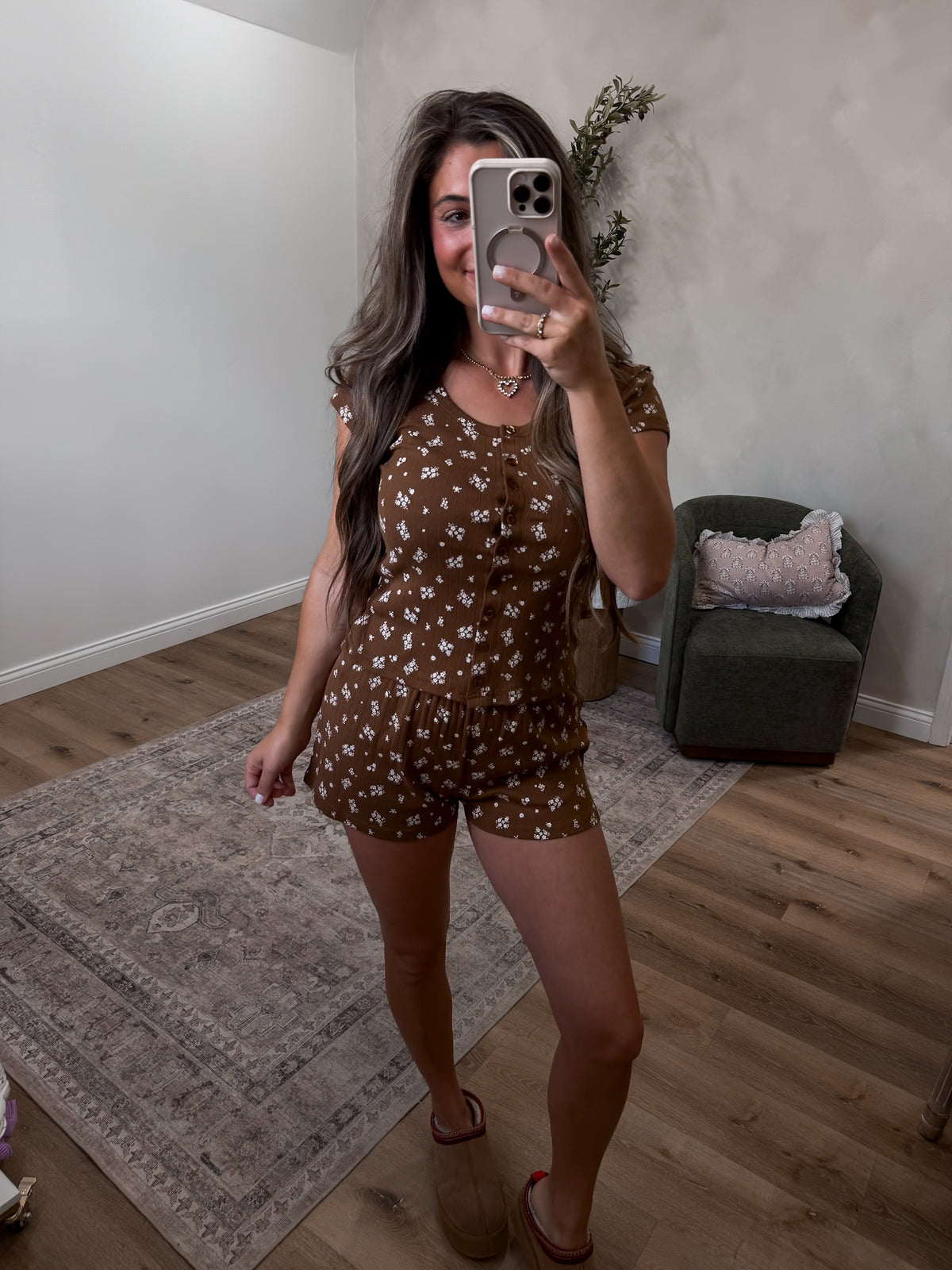 Marie Floral Knit Shorts Set - brown