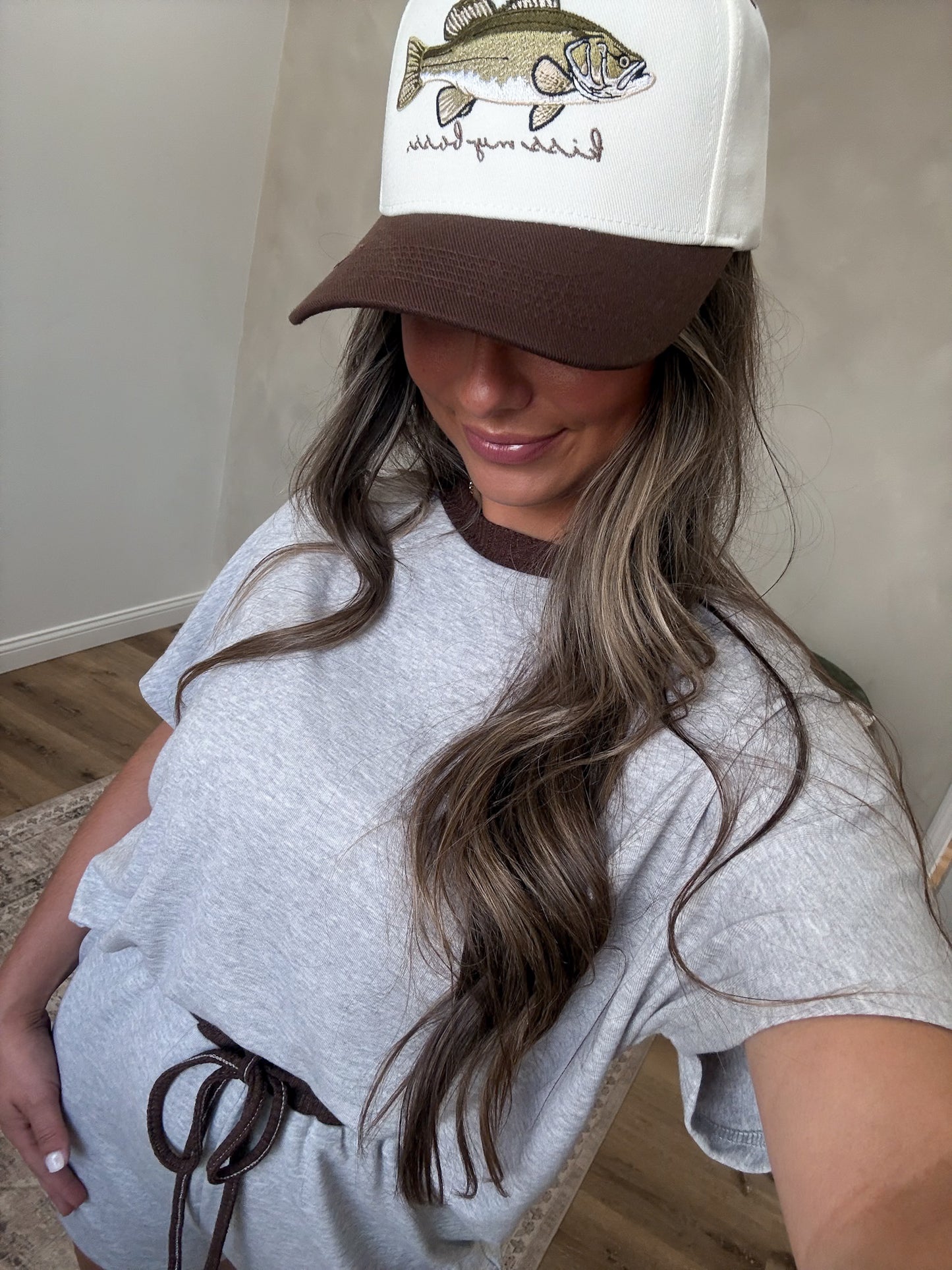 Kiss My Bass Embroidered Hat - cream/brown