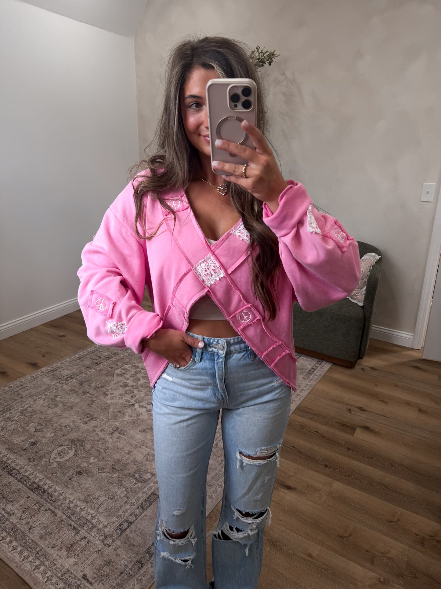 Crotchet Patch Chandler Pullover - candy pink