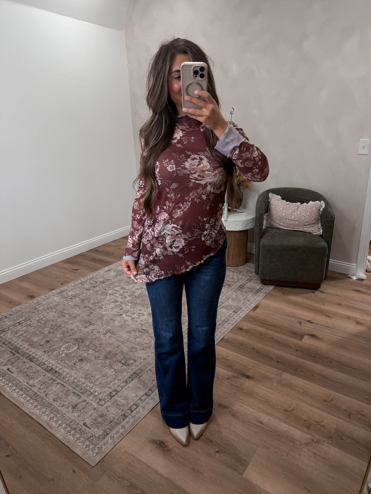 Floral Asymmetrical Mesh Top - burgendy