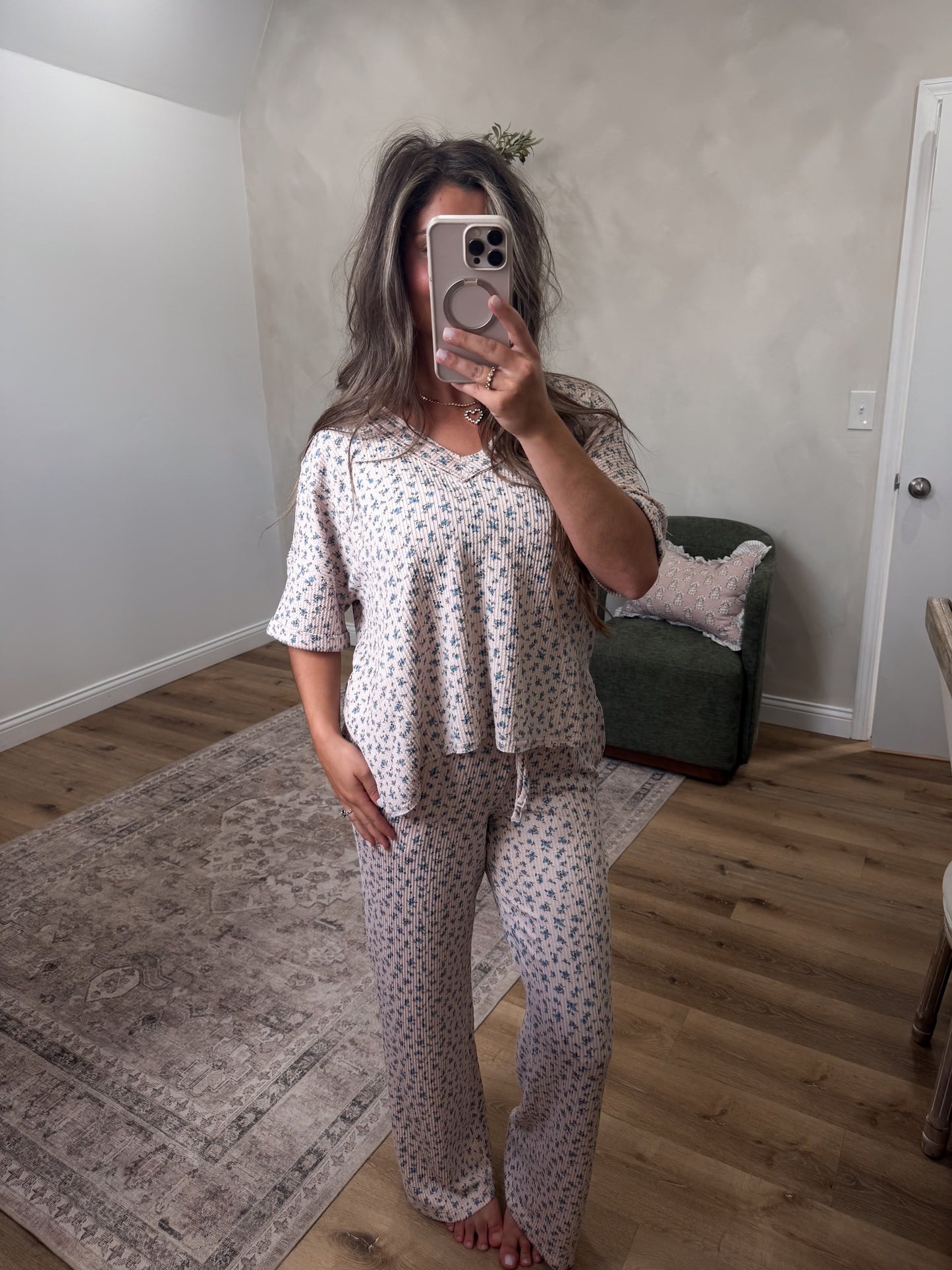 Primrose Ditsy Floral Ribbed Lounge Set - khaki multi