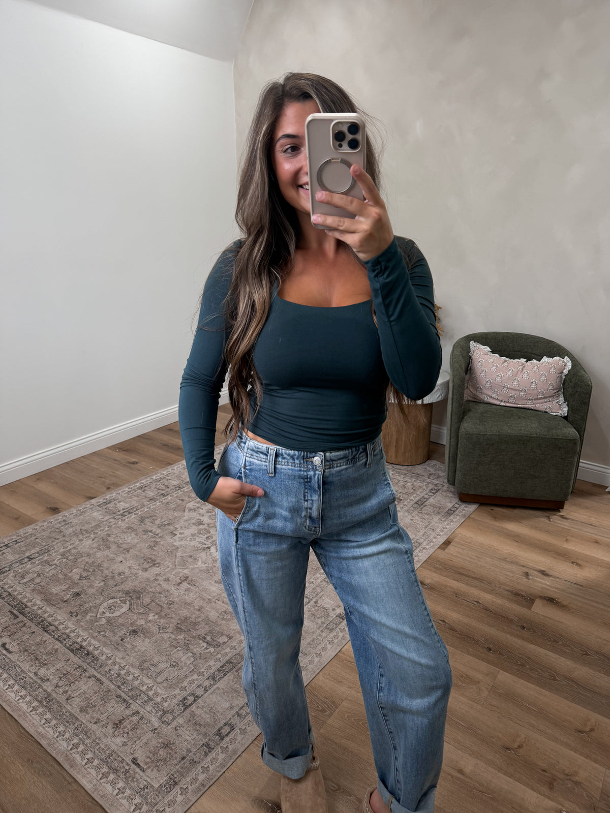 Square Neck Double Layered Long Sleeve - teal green