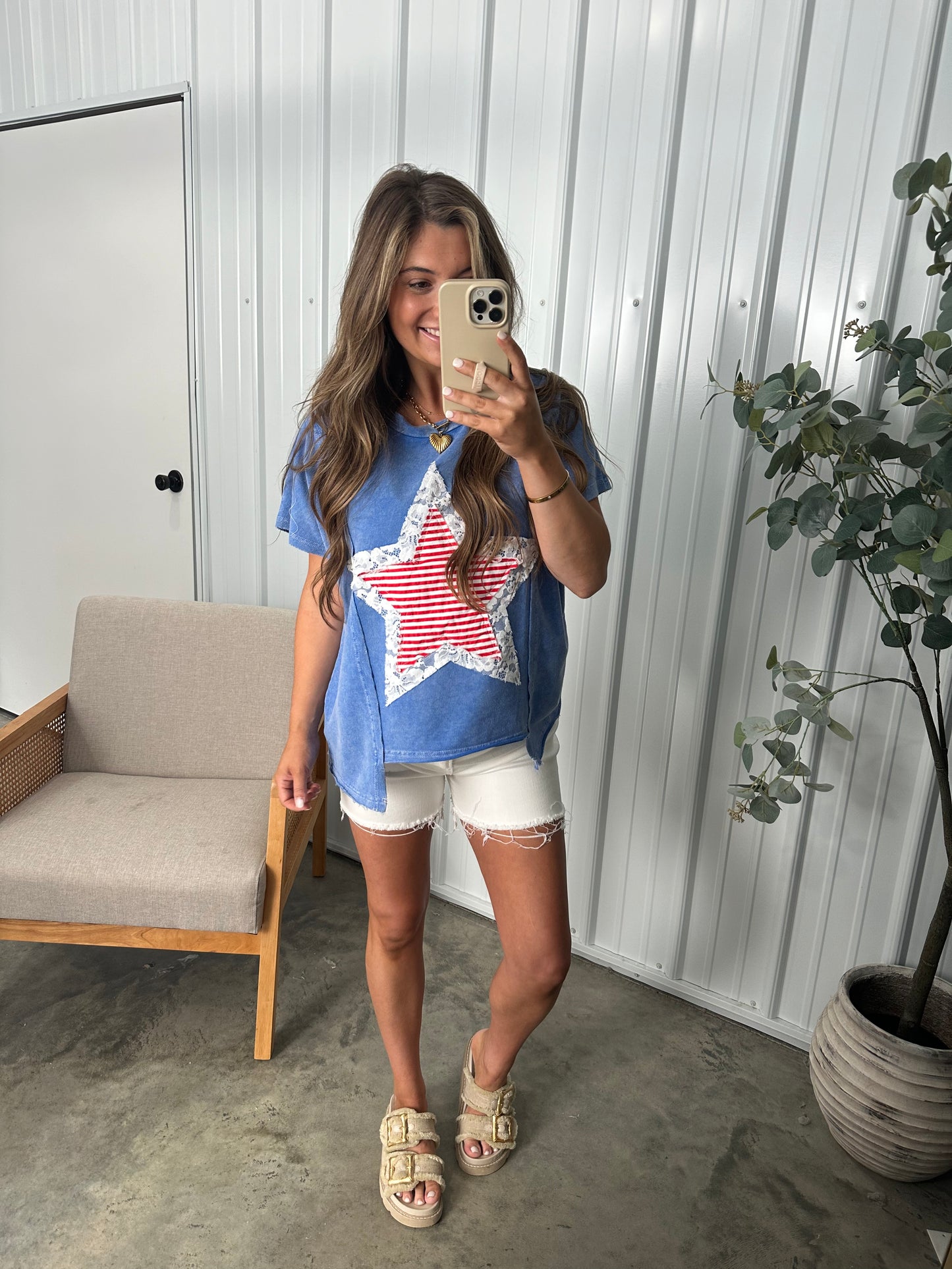USA Striped Star Lace Patch Tee- Blue