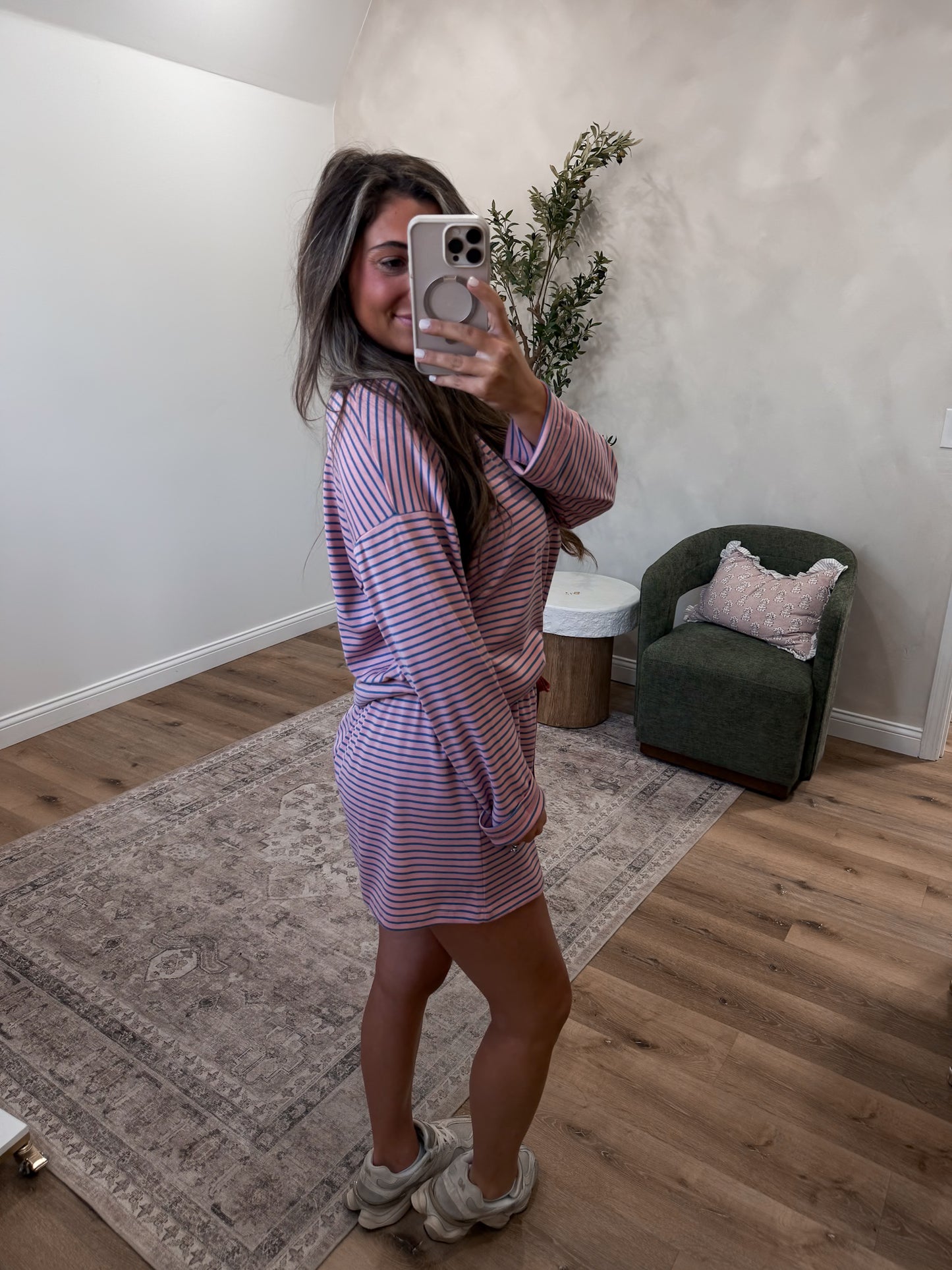 The Long Sleeve Lydia Striped Casual Set - soft mauve/blue