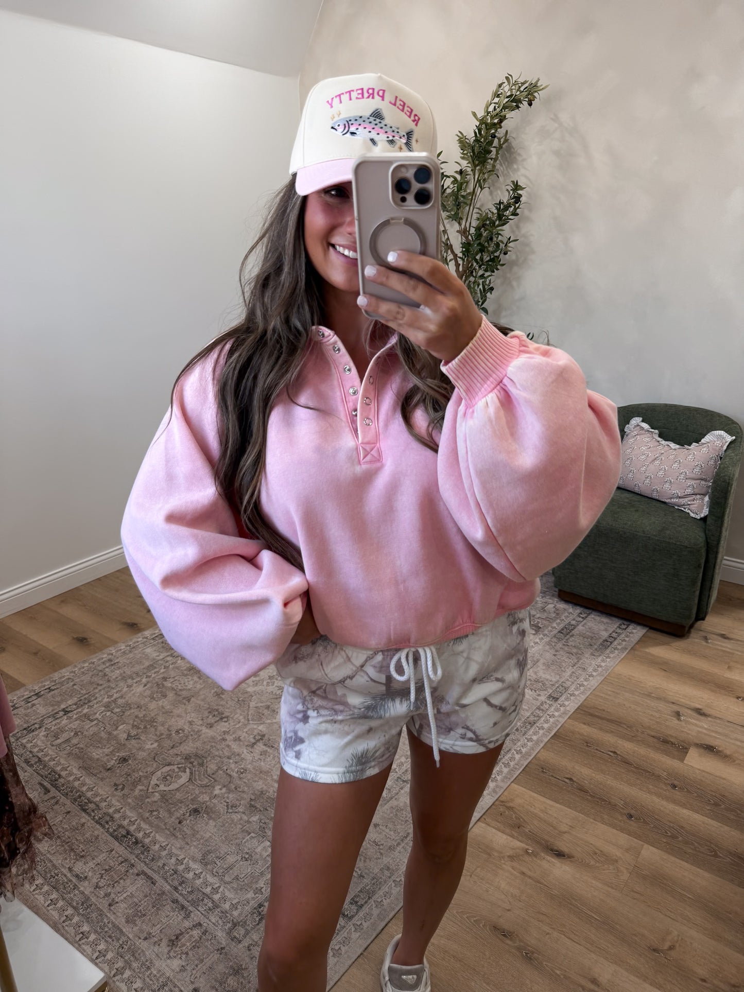 Megan Button Up Pullover - pink