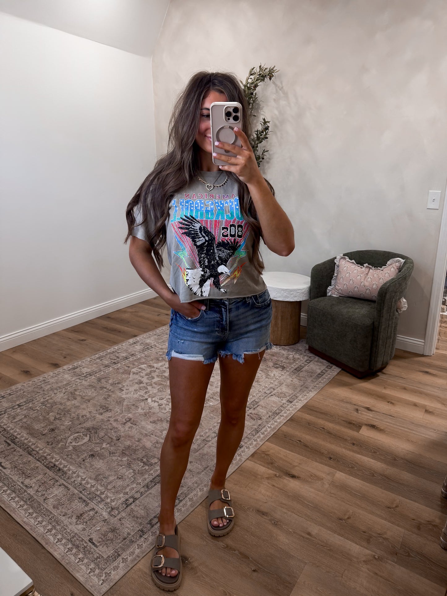 American Rock & Roll Crop Graphic Tee - sand beige