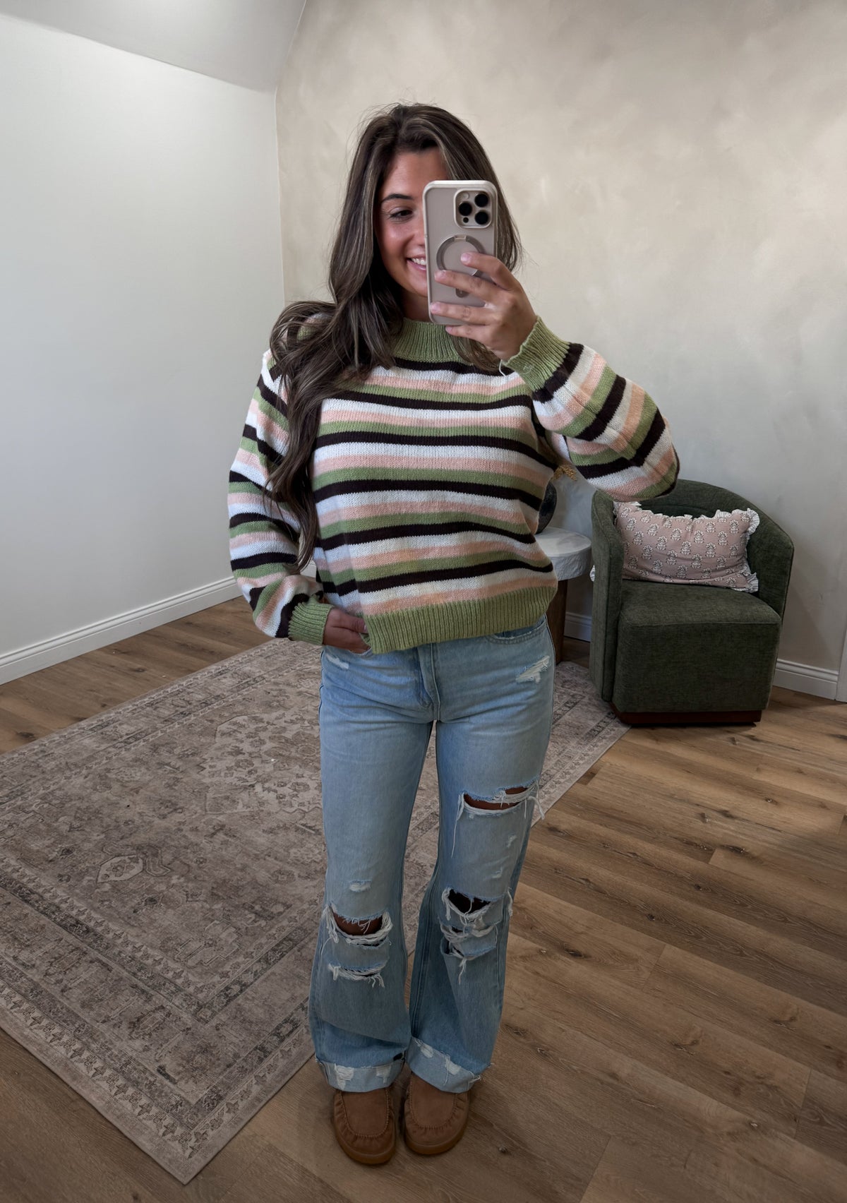 Reed Striped Knit Sweater - sage multi