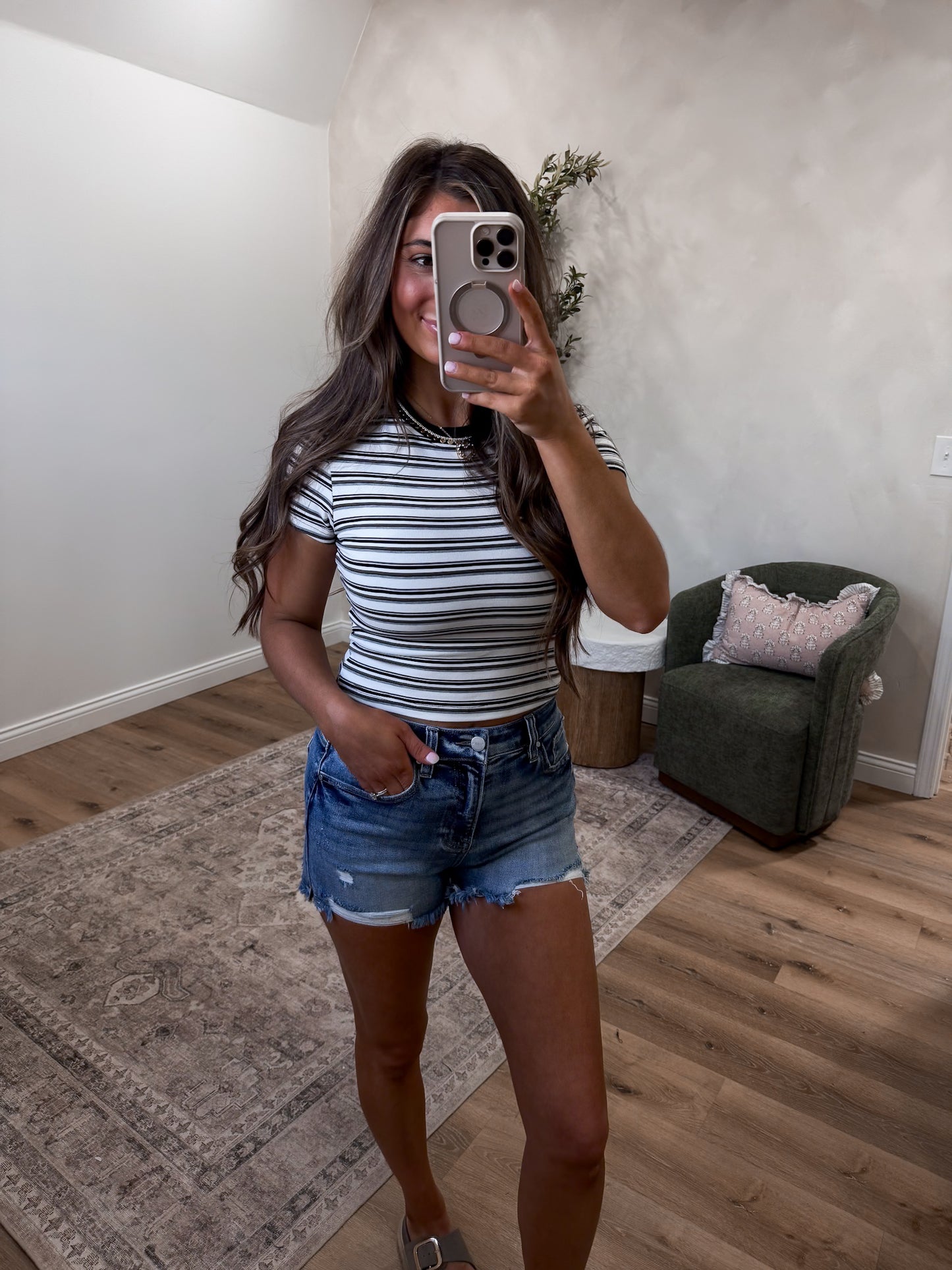 Striped Rayon Short Sleeve Tee - brown