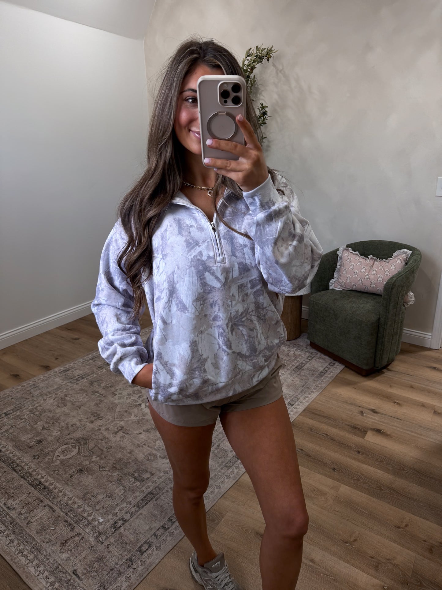 Camo Relaxed Half Zip Mock Neck - cream