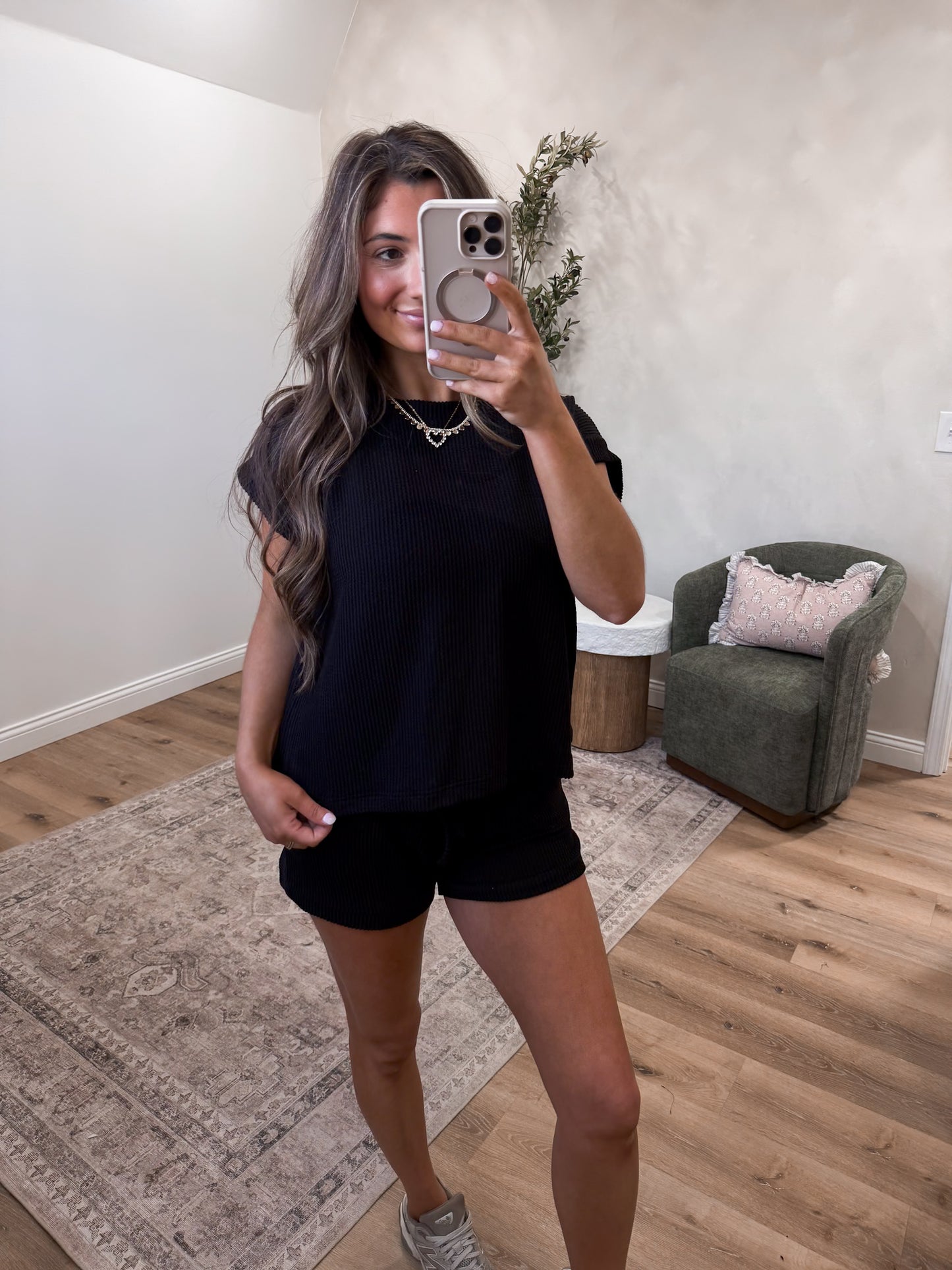 Comfort Stretch Ribbed Cap Sleeve Short Set - black