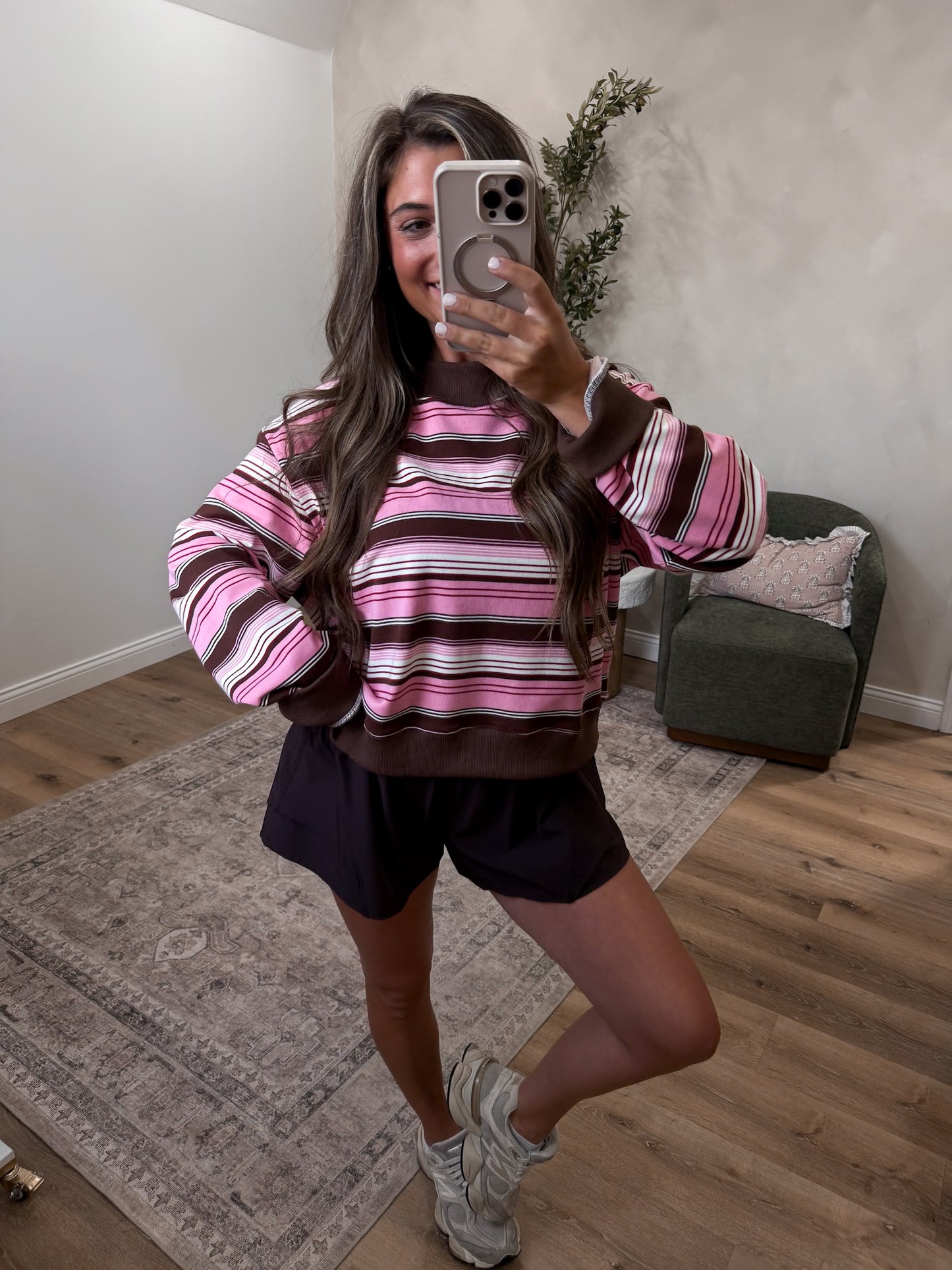 Bridgette Striped Mock Neck Pullover - pink/brown