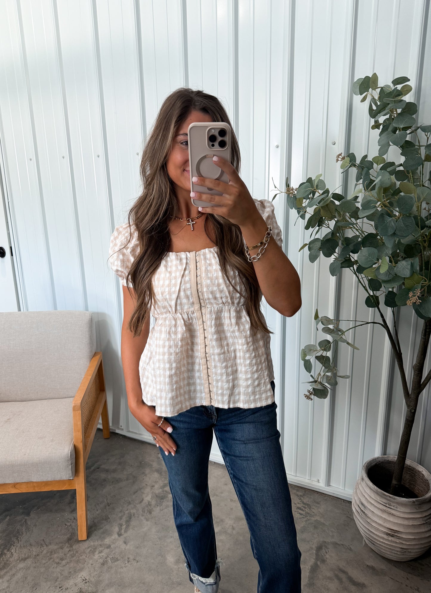 Natural Linen Gingham Blouse