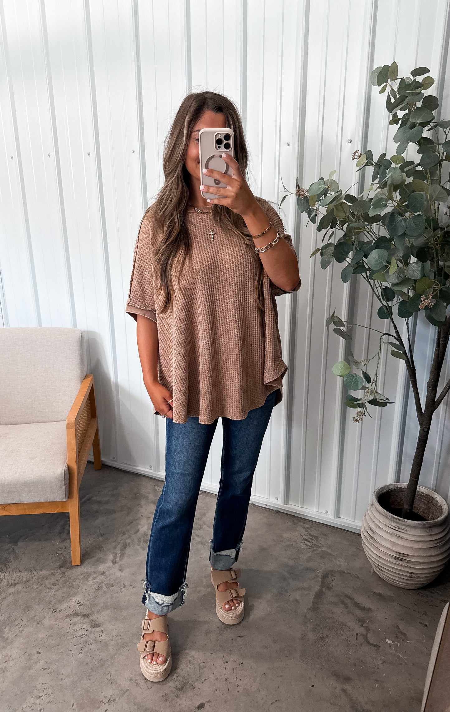Bella flowy Waffle Top- coffee