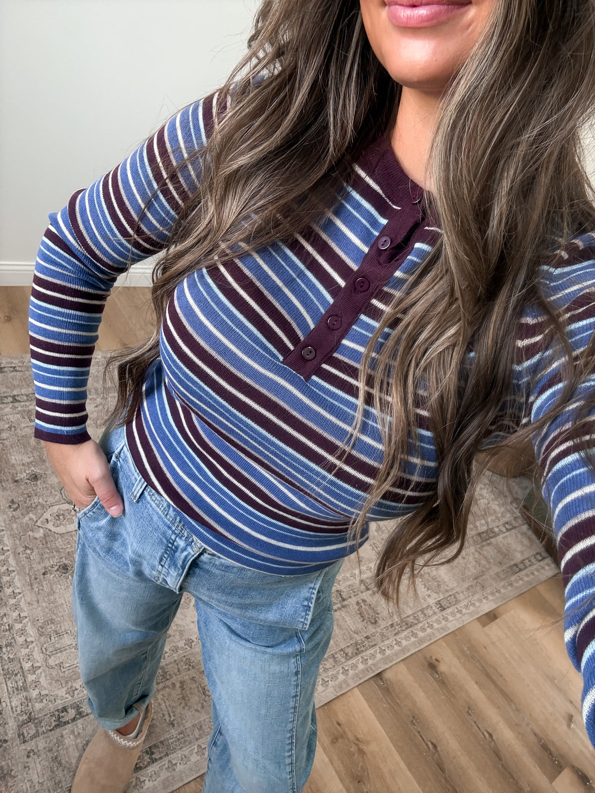 Modern Mood Striped Henley Top - blue multi
